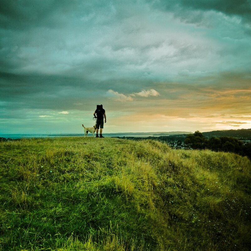 Hiker with dog on hilltop