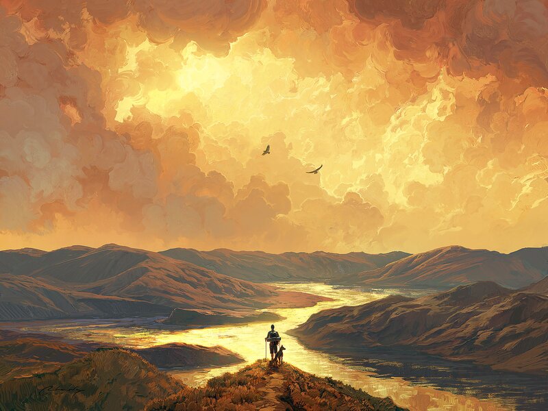 Hiker with Dog on Ridge