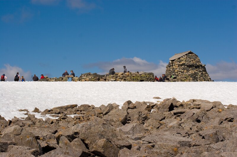 Hikers at a snowy mountain summit
