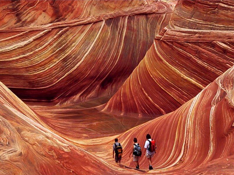 Hikers in a sandstone canyon