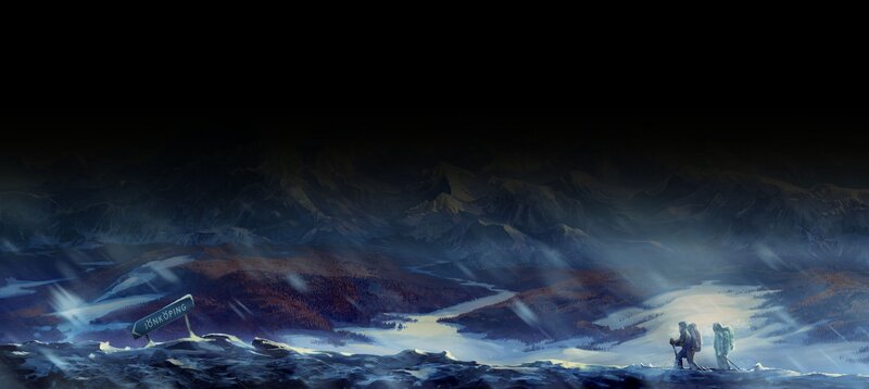 Hikers in a snowy mountain landscape