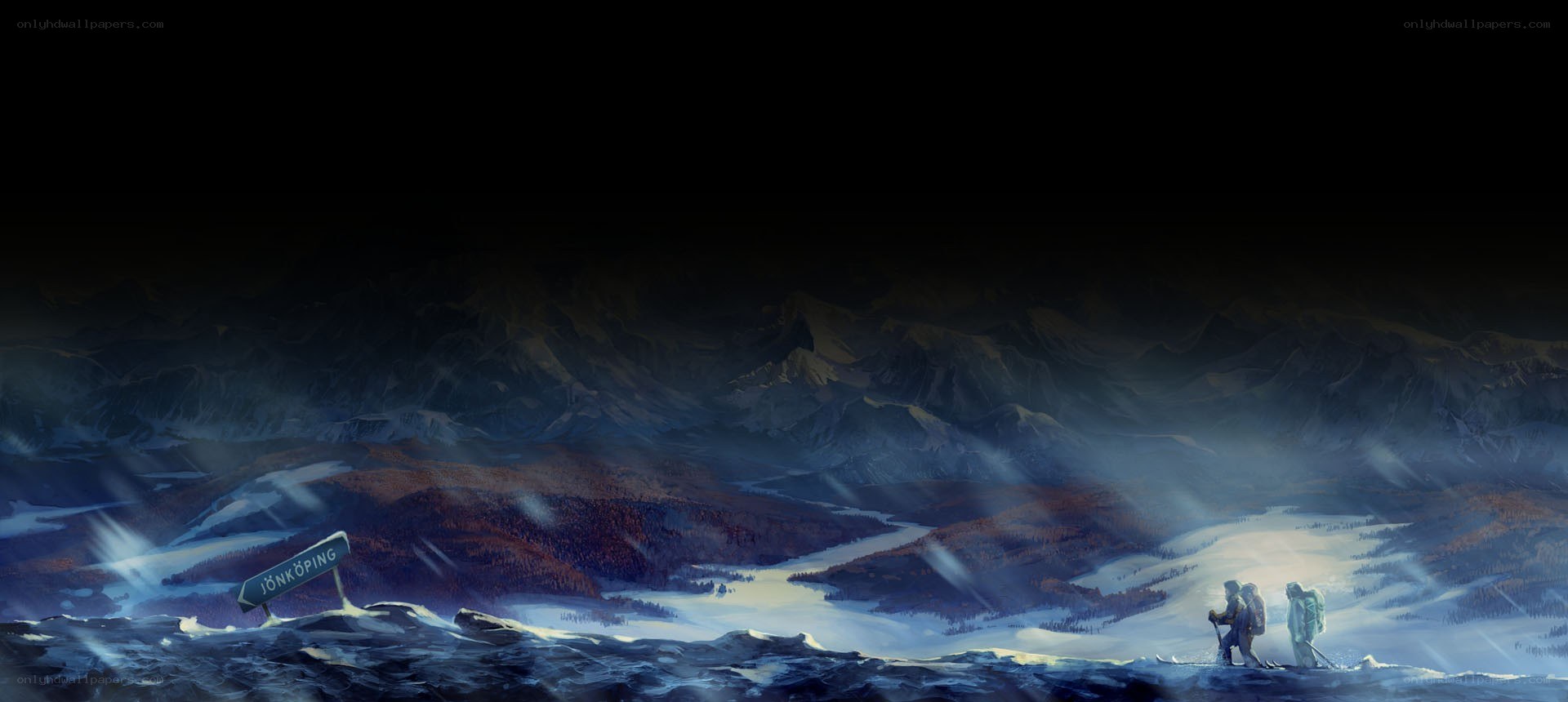 Hikers in a snowy mountain landscape