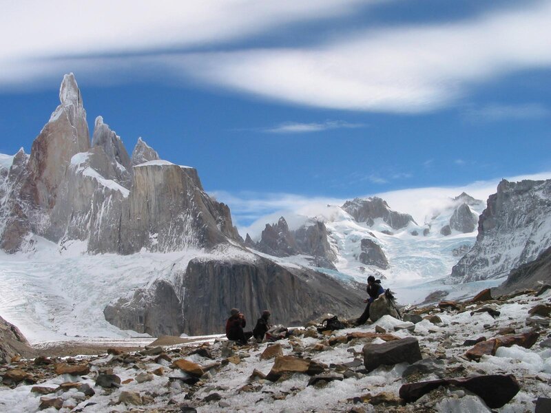 Hikers in Mountain Valley — Blue, Dramatic