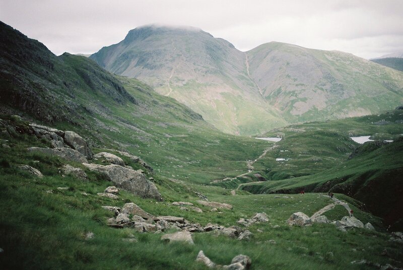 Hikers in Mountain Valley — Green, Serene