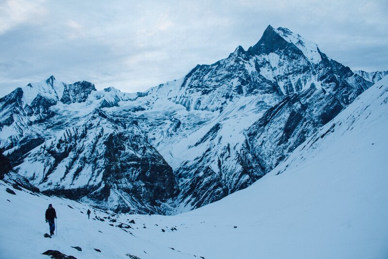 Hikers in Snowy Mountains — Blue, Cold
