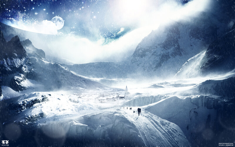 Hikers in Snowy Mountains — Blue, Dramatic, Night, Digital Art