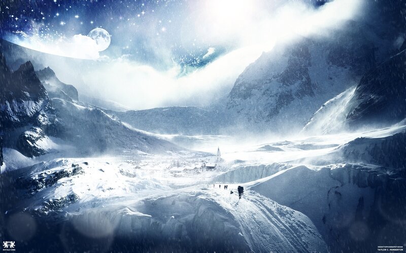 Hikers in Snowy Mountains — Blue, Dramatic, Night