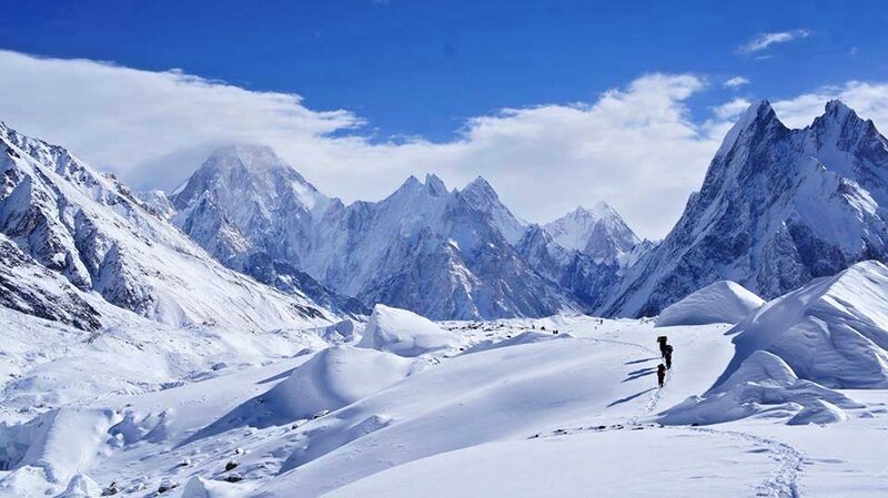 Hikers in Snowy Mountains — Blue, Dramatic