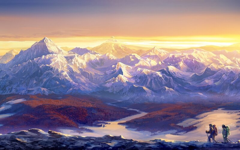 Hikers in Snowy Mountains — Orange