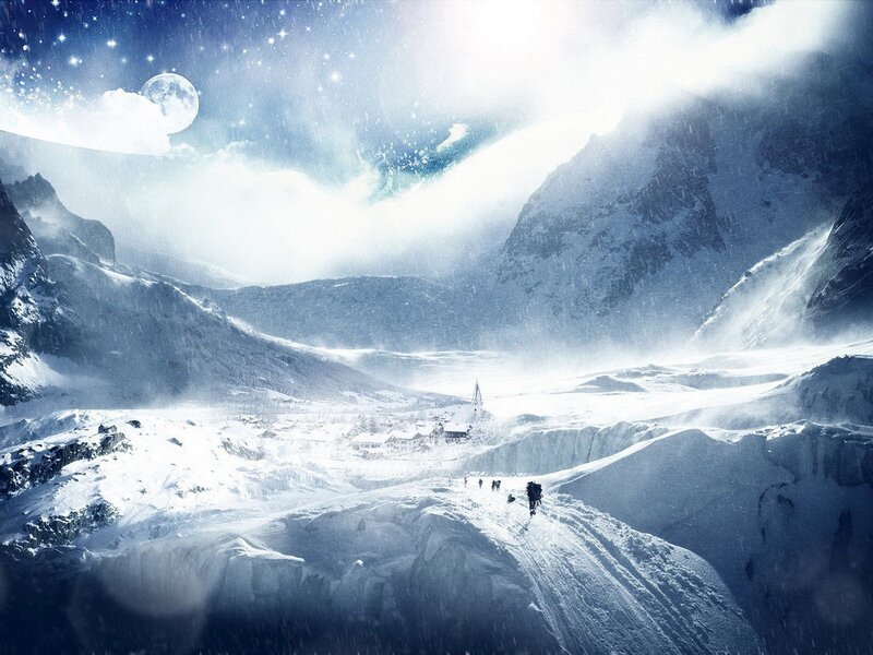 Hikers in Snowy Valley — Blue, Dramatic, Night, Digital Art, Mountains, Village