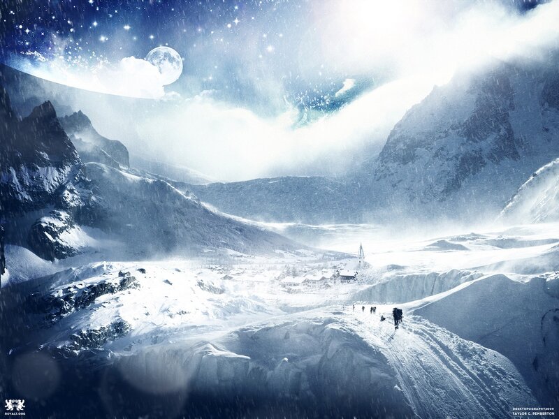 Hikers in Snowy Valley — Blue, Dramatic, Night, Digital Art