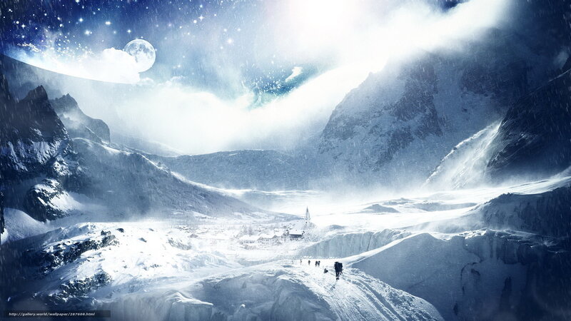 Hikers in Snowy Valley — Blue, Dramatic, Night