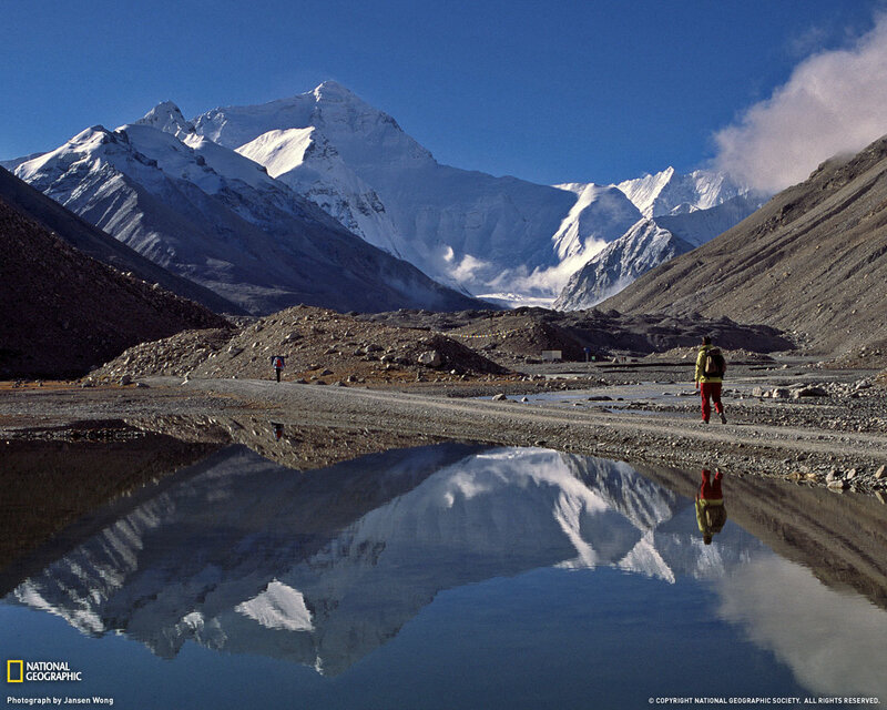 Hikers Near Mountain — Blue, Serene