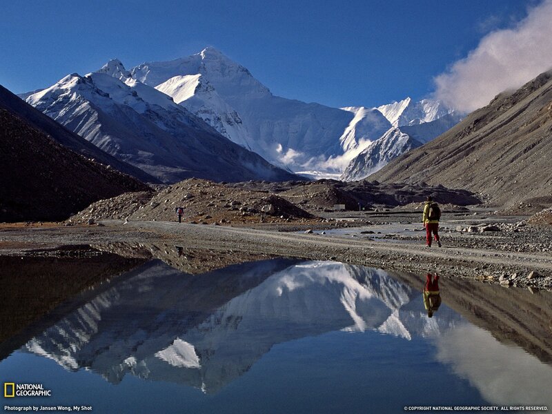 Hikers Near Mountain — Blue