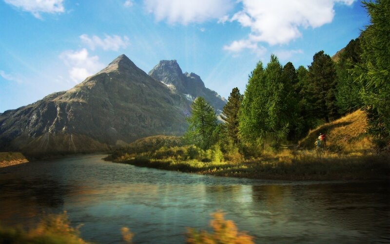 Hikers Near Mountain Lake — Blue, Serene, Afternoon