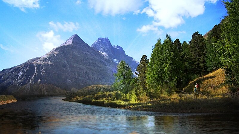 Hikers Near River — Blue