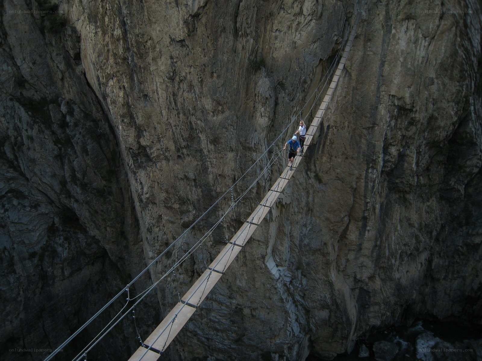 Hikers on a cliffside suspension bridge