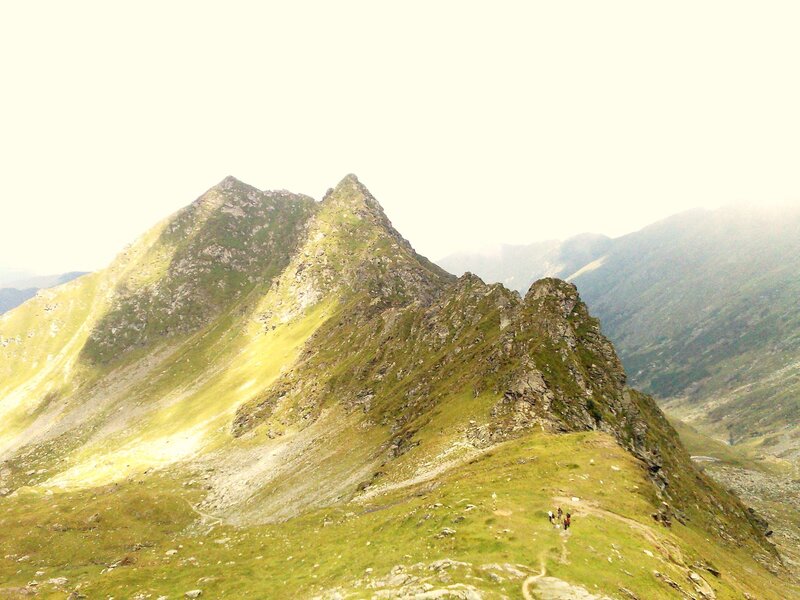 Hikers on a mountain ridge