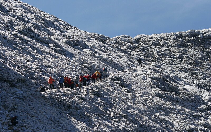 Hikers on a snowy mountain