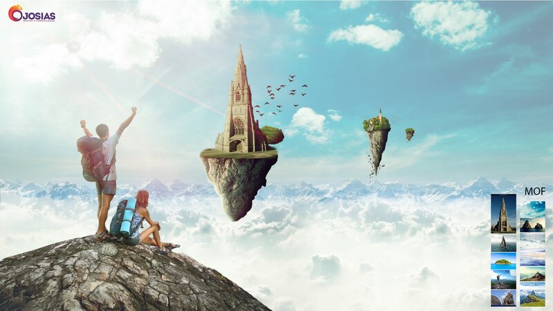 Hikers on Mountain Peak — Blue, Dreamy