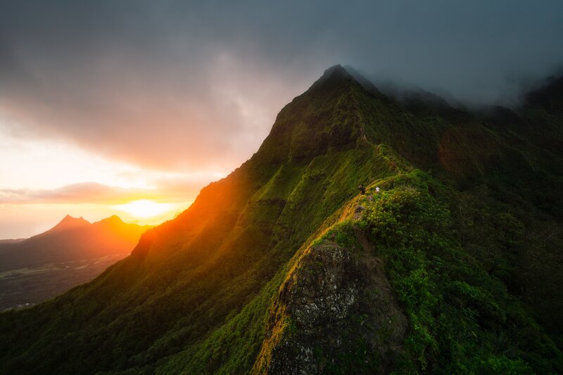 Hikers on Mountain Ridge — Green, Dramatic