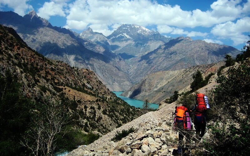 Hikers on Mountain Trail — Blue, Serene, Afternoon, Photograph, Mountains, Lake