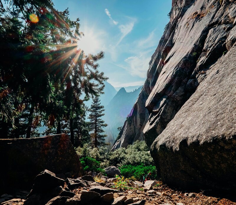 Hikers on Mountain Trail — Blue, Serene, Afternoon, Photograph