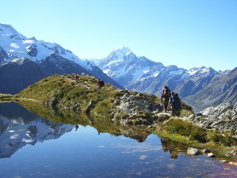 Hikers on Mountain Trail — Blue, Serene