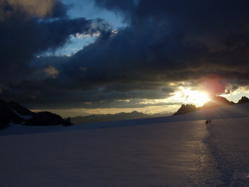 Hikers on Snowy Mountain — Blue