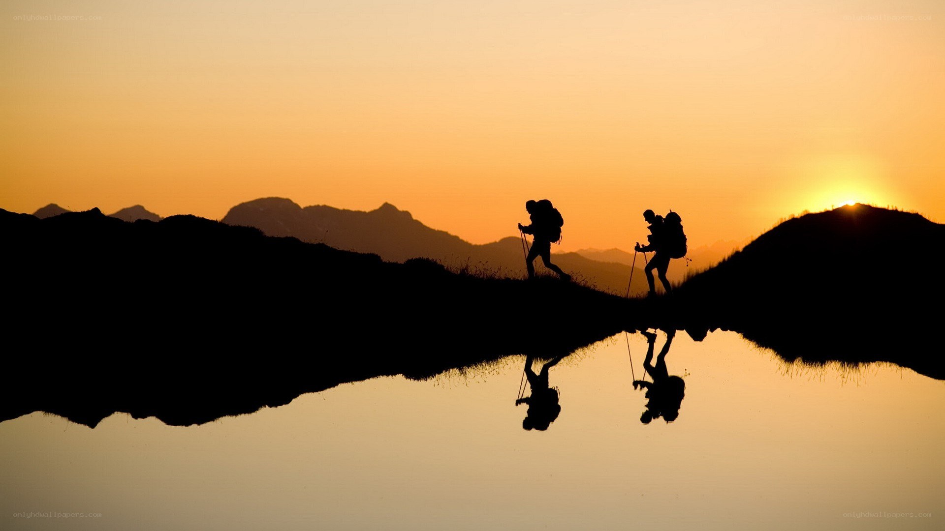 Hikers silhouetted at sunset