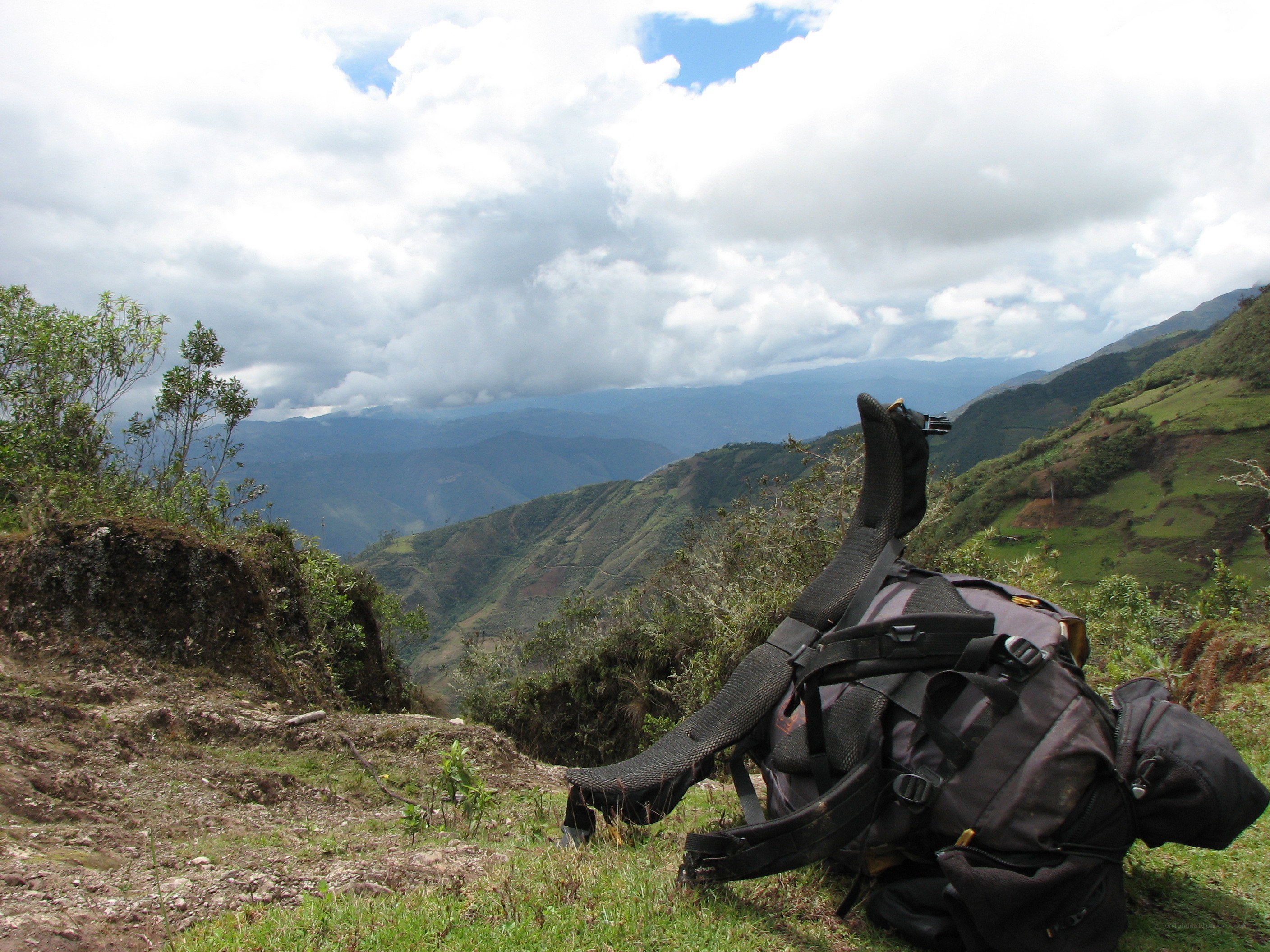 Hiking backpack on mountain trail