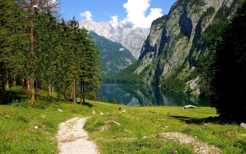 Hiking trail by a mountain lake