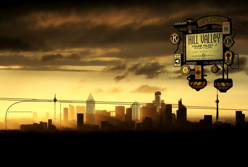 Hill Valley welcome sign at sunset