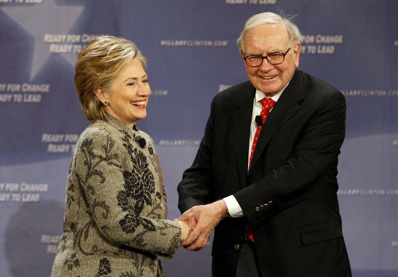 Hillary Clinton and Warren Buffett shaking hands