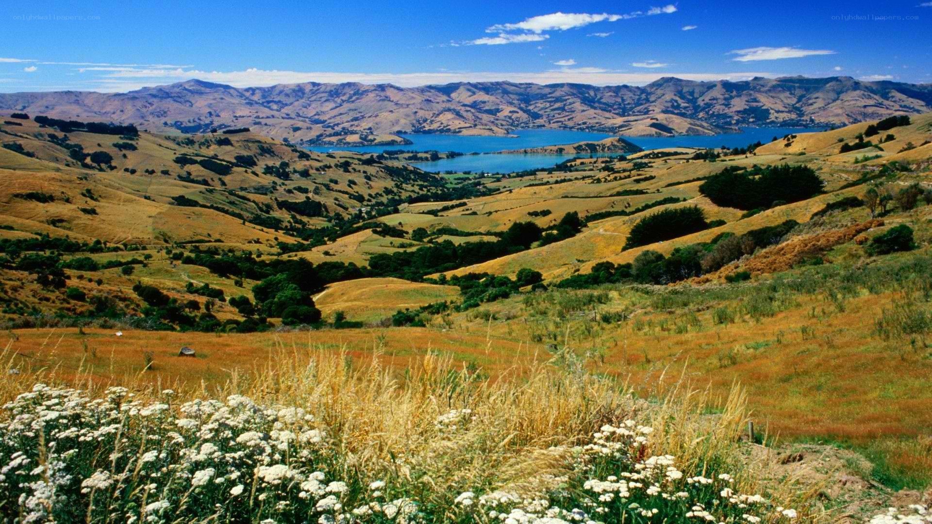 Hills overlooking a blue lake
