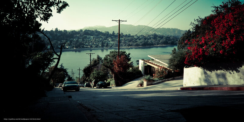 Hillside street with lake view