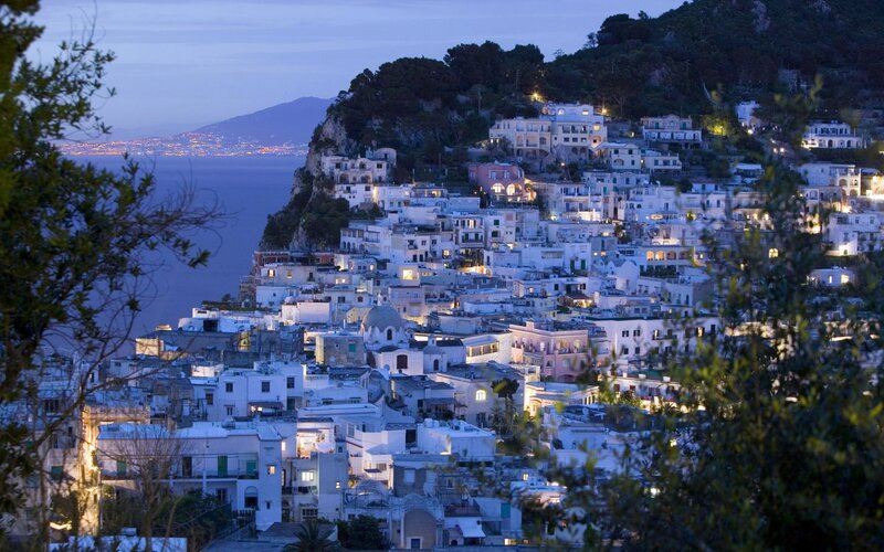 Hillside Town at Dusk — Blue, Serene