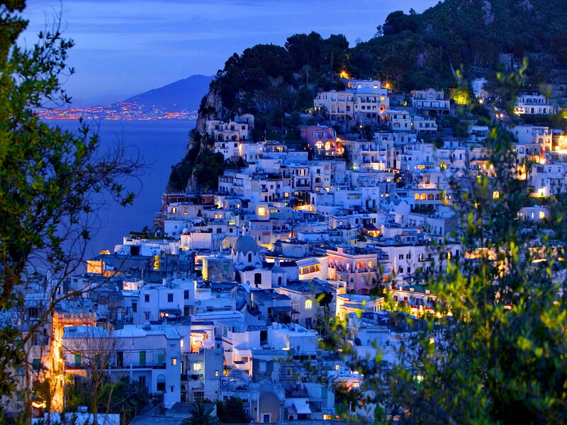 Hillside Town at Dusk — Blue