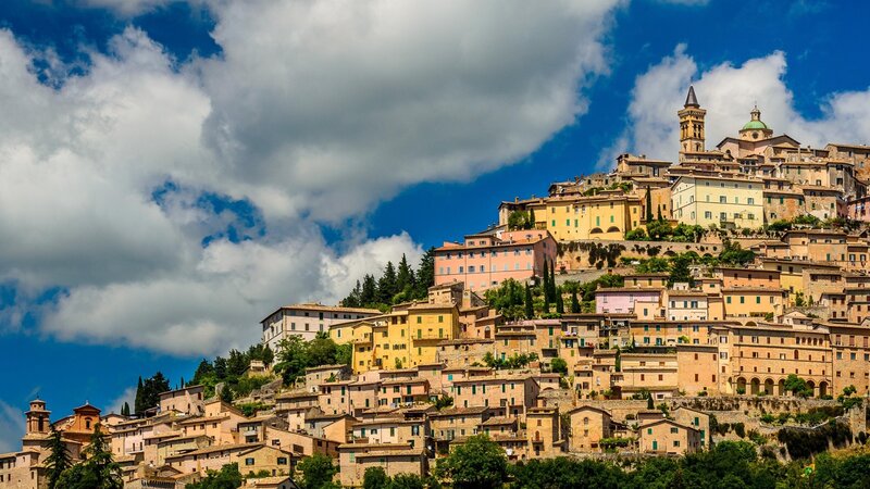 Hillside Town with Church — Blue