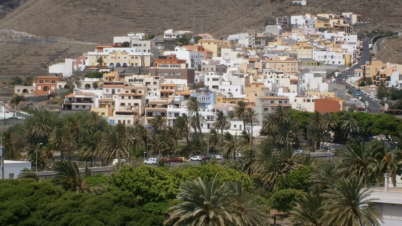 Hillside town with palm trees