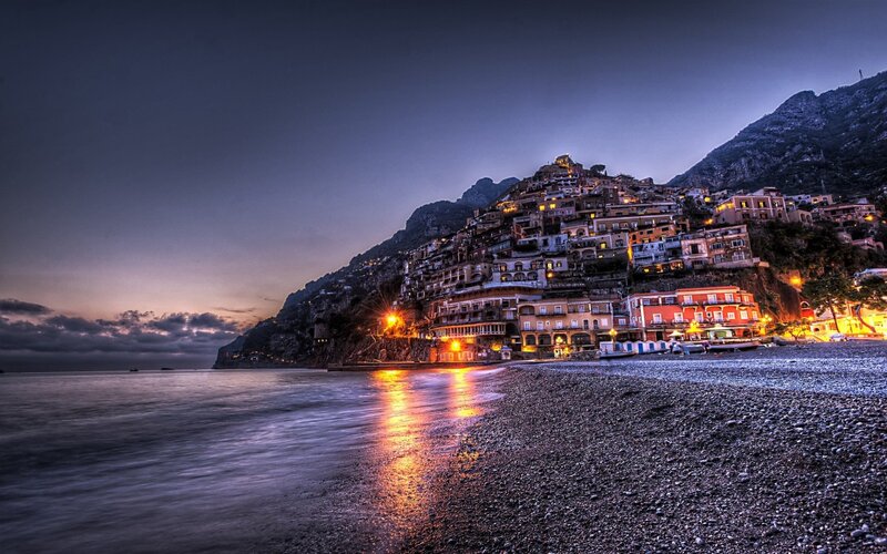 Hillside Village at Dusk — Blue