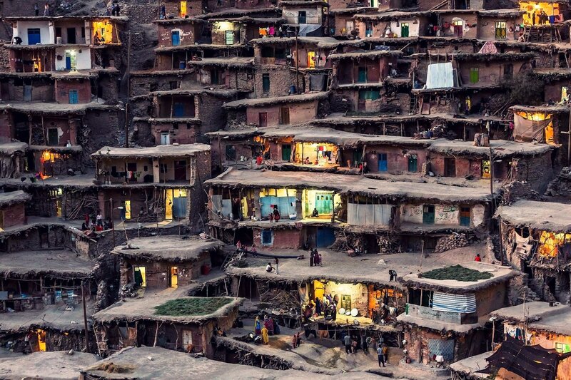 Hillside Village at Dusk — Brown