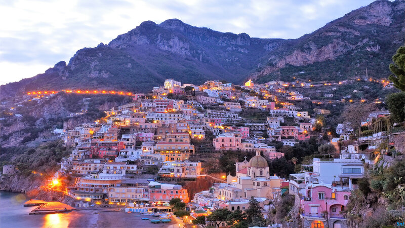 Hillside Village at Dusk — Pink