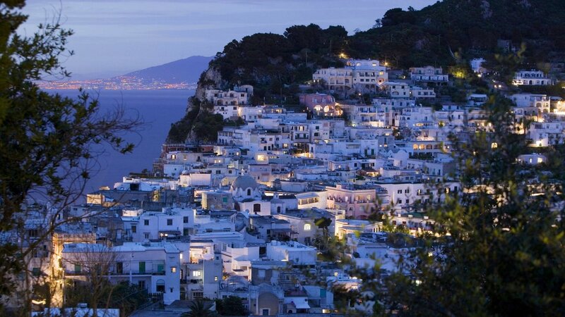 Hillside Village at Dusk — White, Serene