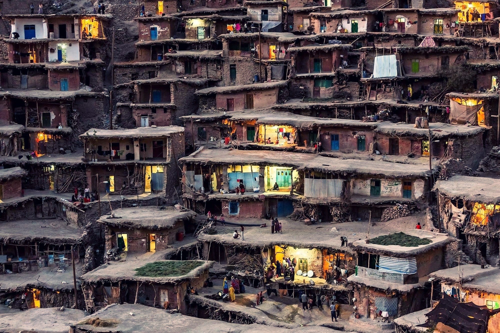 Hillside village at dusk