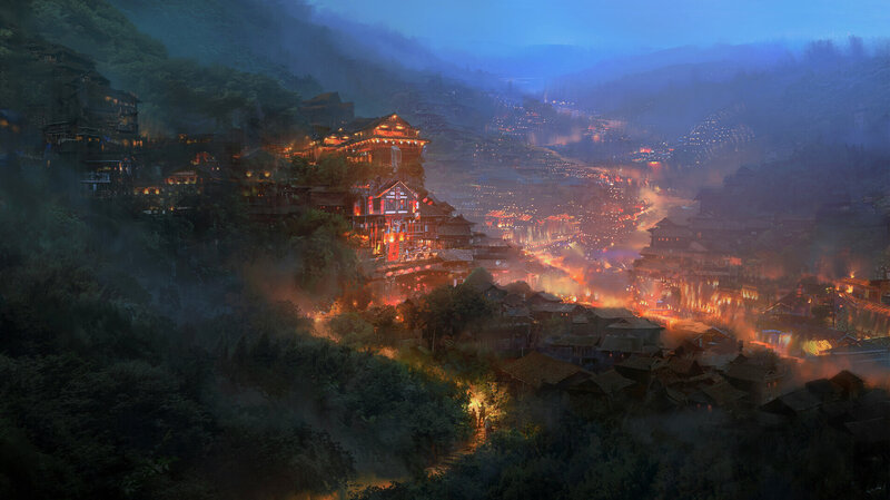 Hillside Village at Night — Blue, Dramatic
