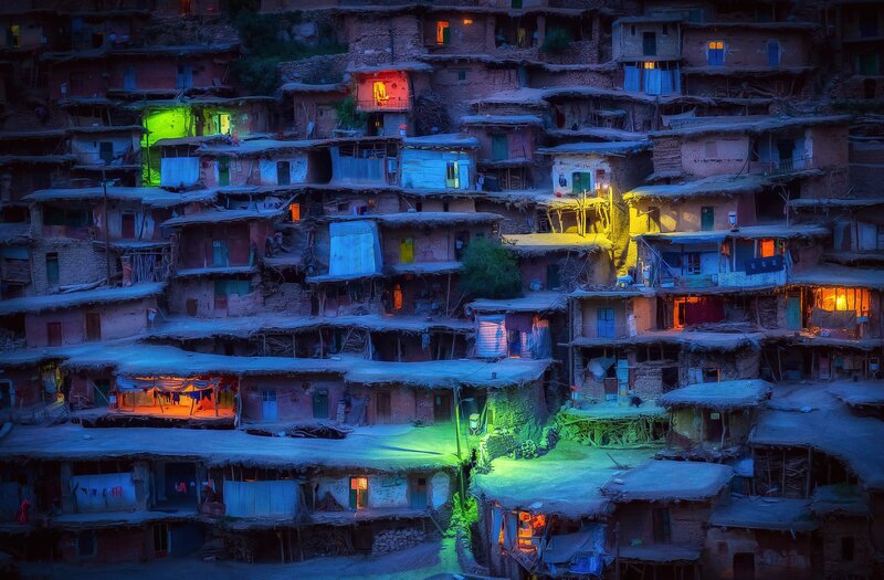 Hillside Village at Night — Blue