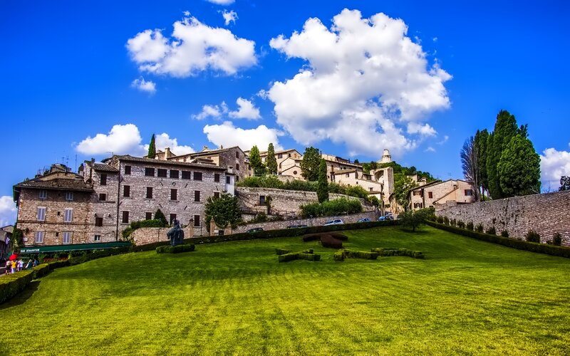 Hilltop Town with Green Lawn