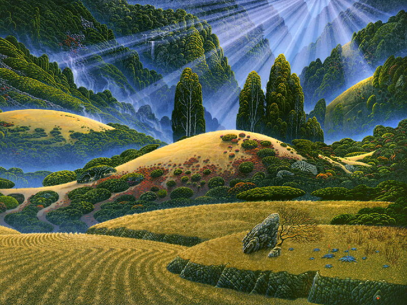 Hilly Landscape with Trees — Green, Serene, Morning