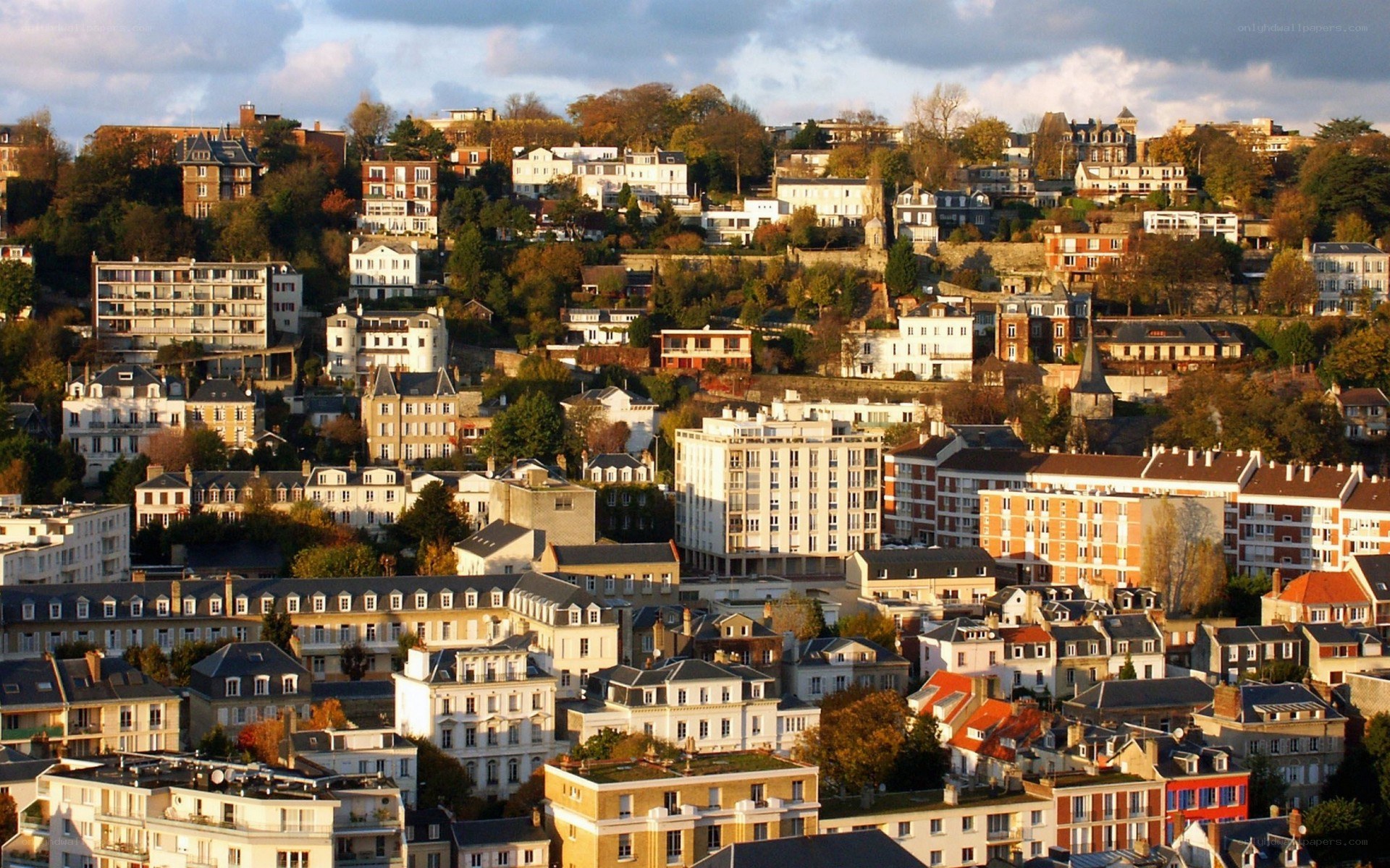 Hilly residential district at sunset